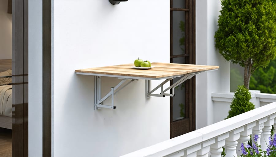 Wooden wall-mounted table that folds down to create a workspace on a compact balcony