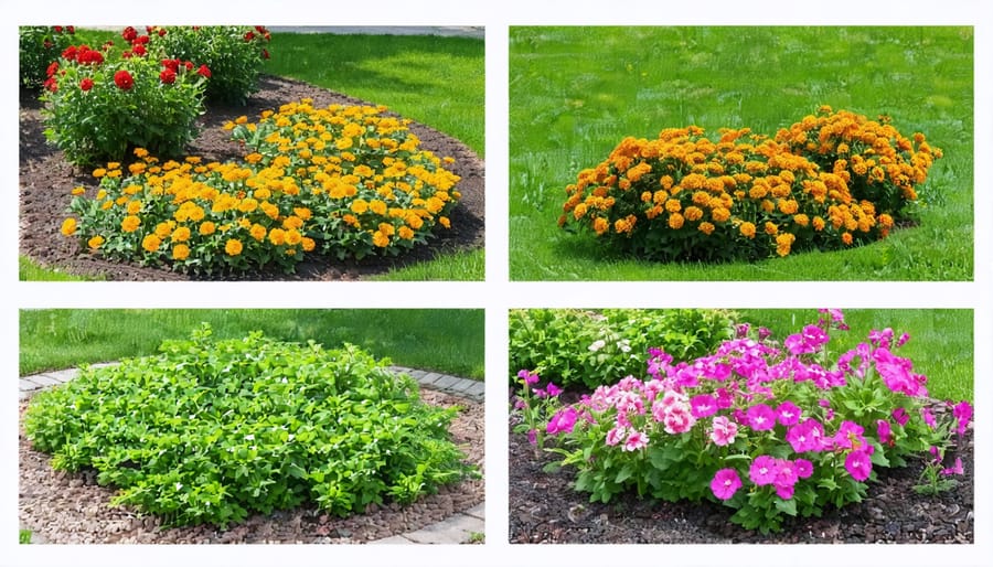 Split image showing same garden space in spring, summer, fall, and winter with year-round visual interest