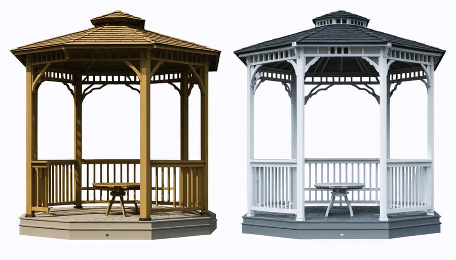Split image showing gazebo with and without wind-resistant removable side panels installed