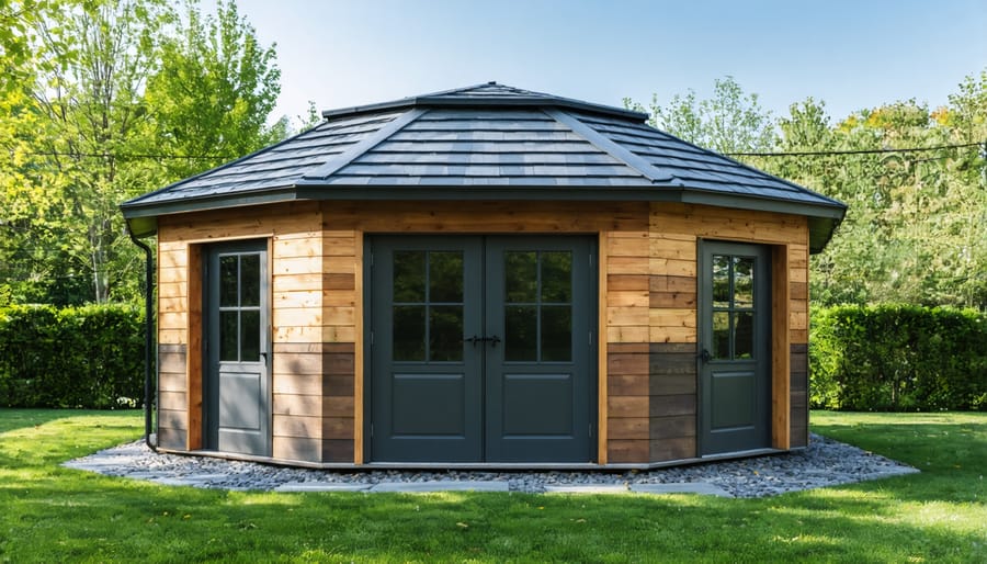 Geometric garden shed featuring multiple materials and modern architectural design