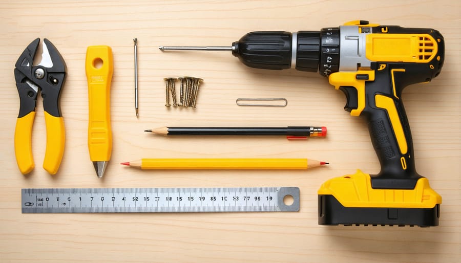 Complete set of tools required for shed door hinge installation