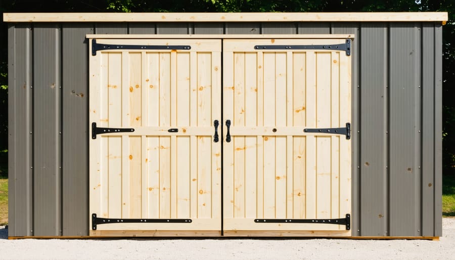 Person measuring and marking correct hinge positions on wooden shed door