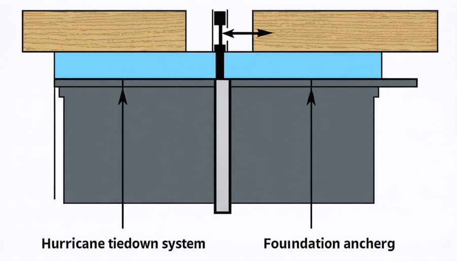 Technical illustration of shed foundation and hurricane anchor points