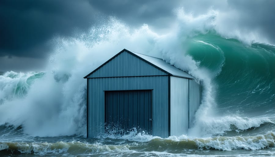 Illustration of a hurricane-resistant shed featuring reinforced structure and materials designed to withstand severe storm conditions.
