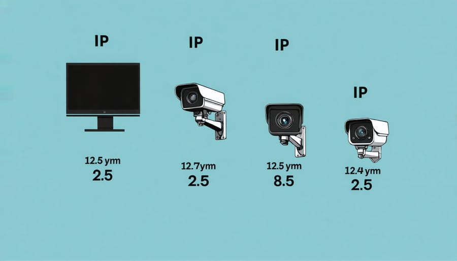 Infographic explaining IP65, IP66, and IP67 ratings for outdoor security cameras