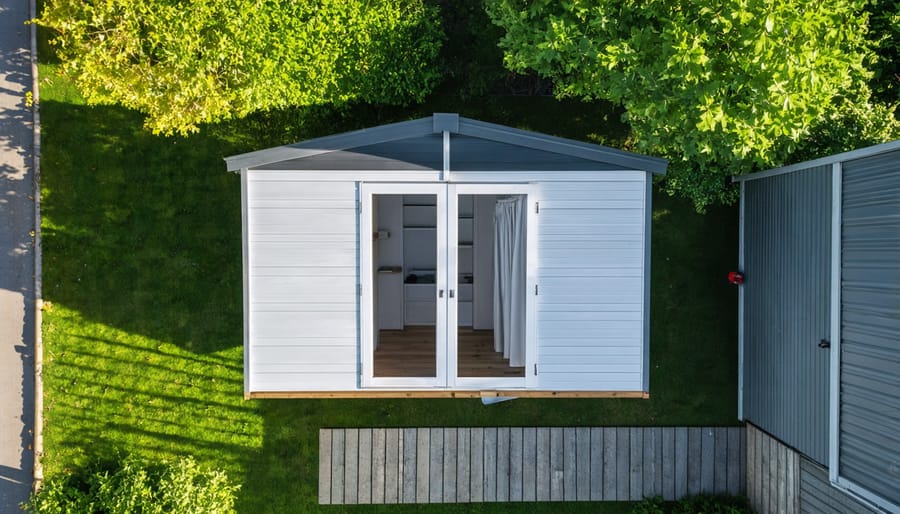 L-shaped shed efficiently utilizing a corner space in a residential backyard