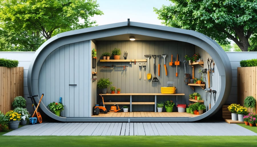 An L-shaped shed in a backyard corner, efficiently utilizing space with separate zones for gardening and workshop storage.