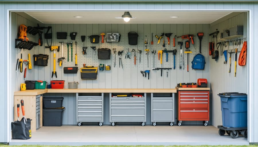 Well-organized interior of L-shaped shed with distinct storage areas and workspace