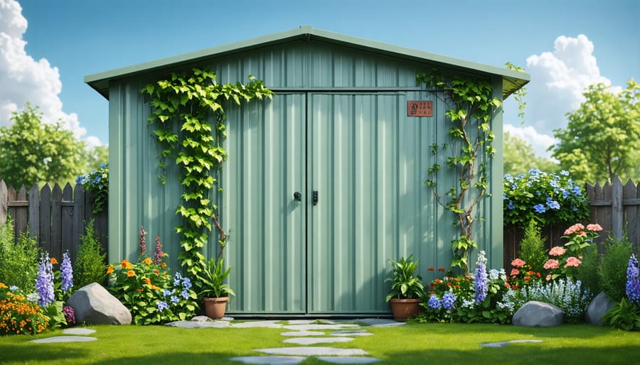 Metal shed integrated into garden design with plants, pathway, and decorative features