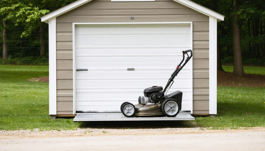 Lawn mower ascending metal ramp into storage shed demonstrating proper equipment access
