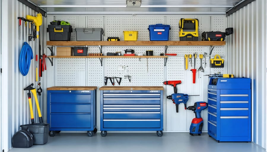 Organized metal shed interior featuring storage solutions and modern lighting