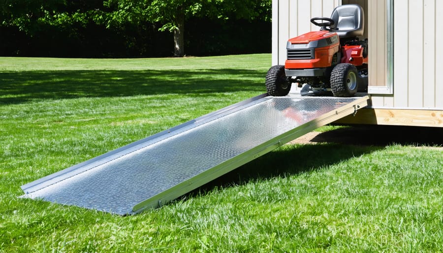 A metal ramp with a non-slip surface leading to a storage shed, with a lawn mower being rolled up, demonstrating safe and easy access for heavy equipment.