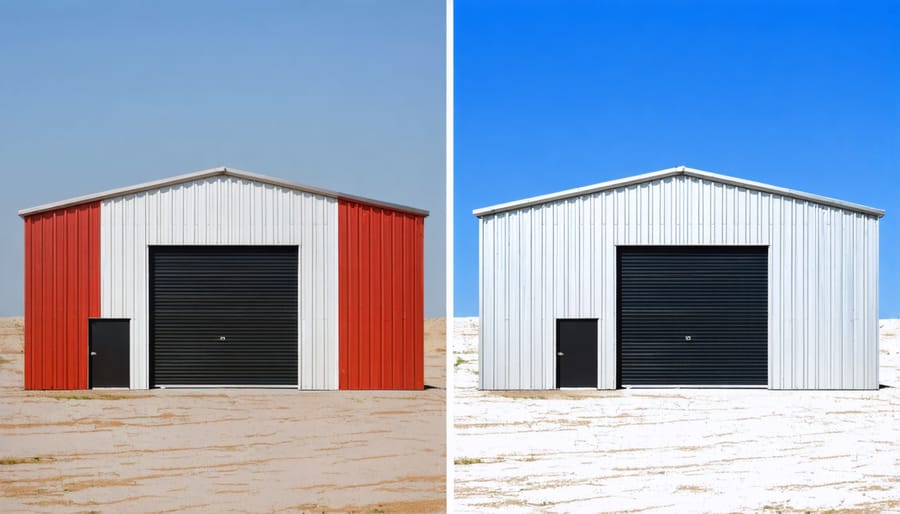 Side-by-side comparison of a plain metal shed transformed with new paint, trim, and decorative elements