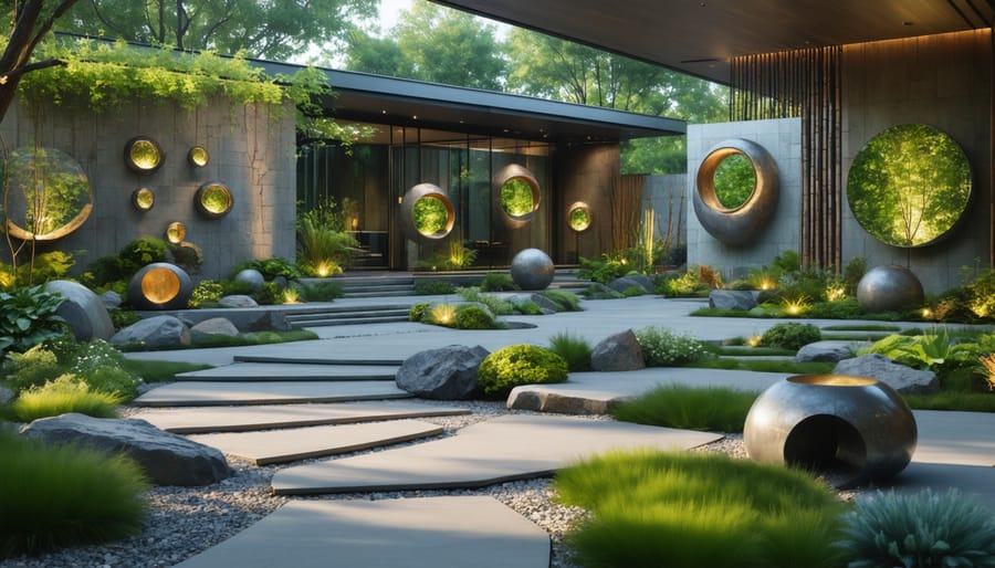 Conceptual image of a backyard transformed into a modern art gallery with contemporary sculptures and light installations immersed in a natural setting.