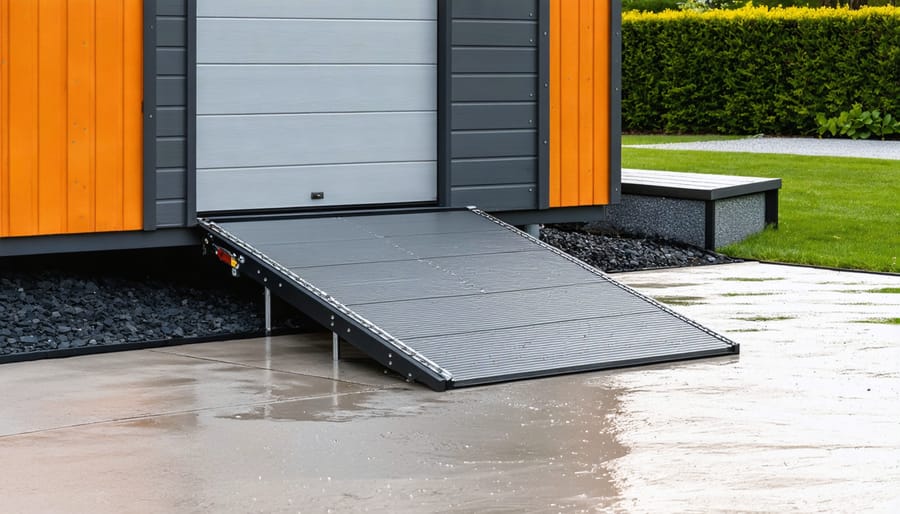 A modern composite shed ramp prominently showcases its sleek design, durability, and slip-resistant surface, blending seamlessly with a contemporary storage building while supporting heavy equipment.