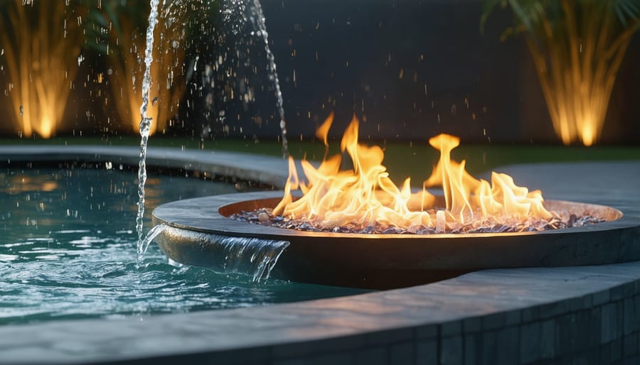 Contemporary fire and water bowl feature with flames rising from center and water cascading down edges