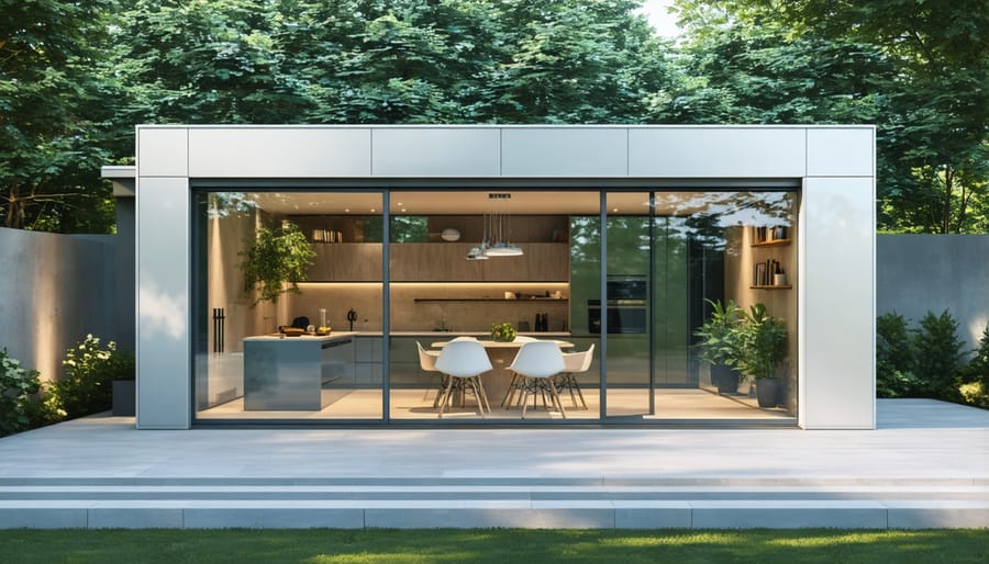 Contemporary garden shed with glass walls and minimalist design elements