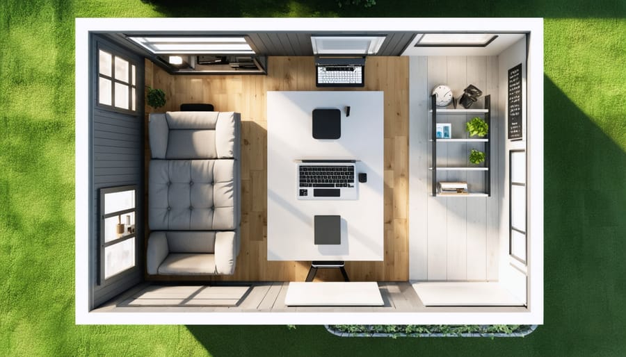 Overhead view of an 8x8 backyard shed converted into a modern home office with designated zones for work, storage, and movement, featuring natural light and ergonomic furniture.