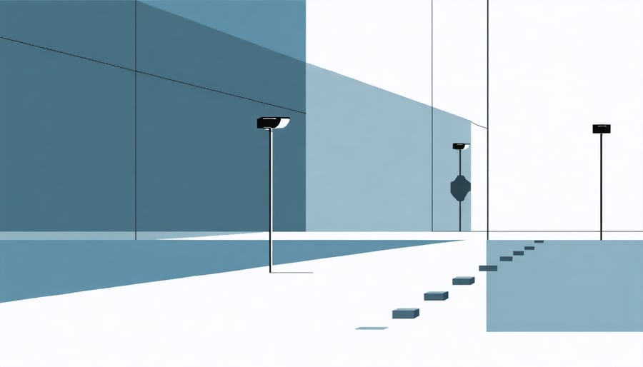 Illustration showing motion sensor detection zones and range in a residential outdoor space