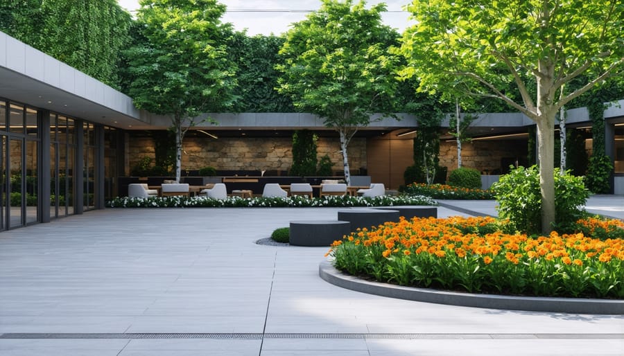 Split image showing same outdoor space used for daytime dining and evening entertainment with lighting