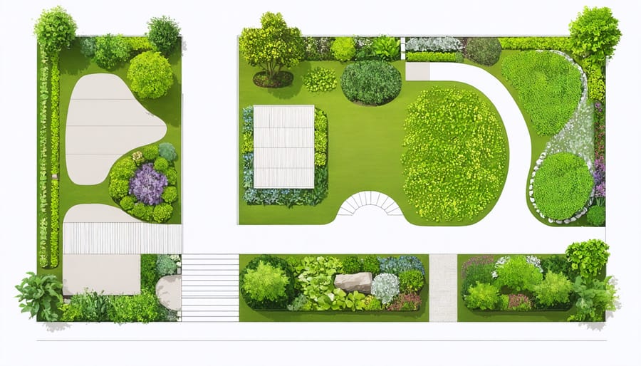 Aerial view of native garden design with distinct planting zones and sunlight patterns marked