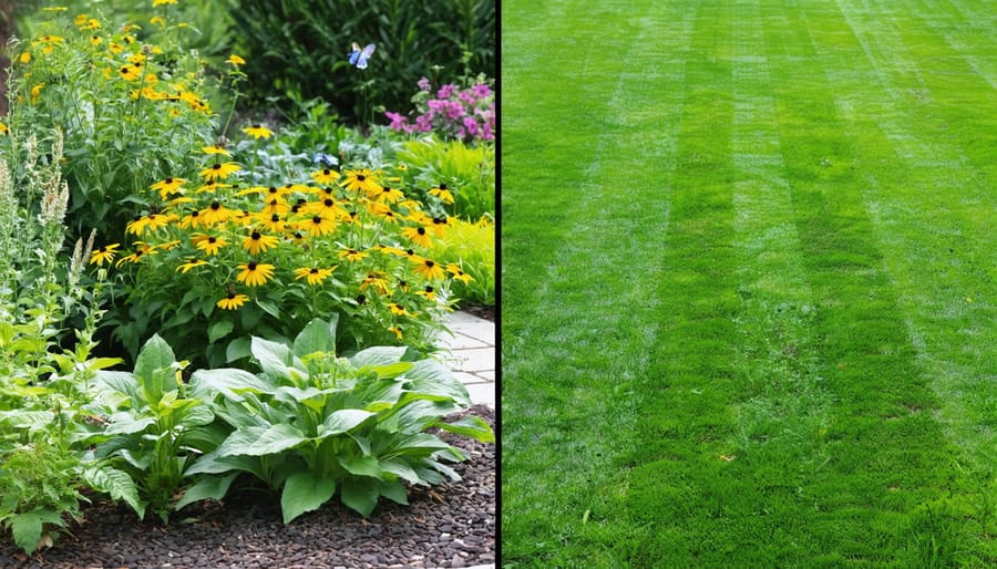 A split image visualizing the contrast between a flourishing native plant garden requiring minimal water and a traditional lawn needing extensive irrigation, highlighting differences in water efficiency and biodiversity.
