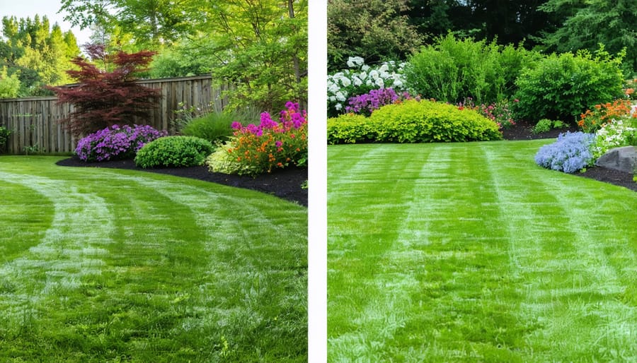 Split image comparing water-efficient native garden to water-intensive traditional lawn