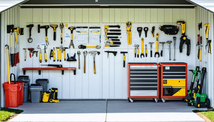An orderly garden shed with strategic storage zones and visible inventory sheets, exemplifying efficient shed organization.
