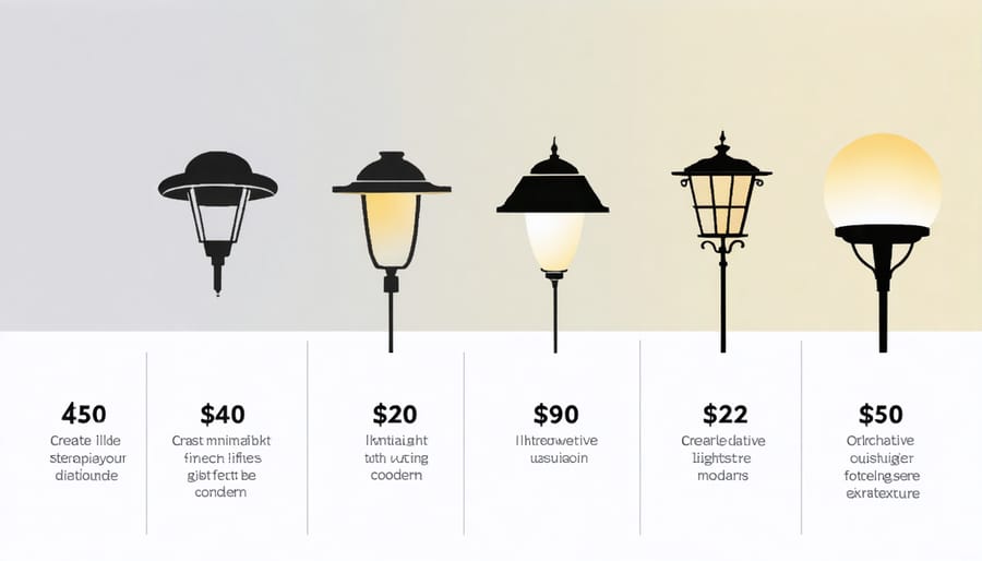 Infographic displaying various outdoor lighting fixtures with price ranges and specifications