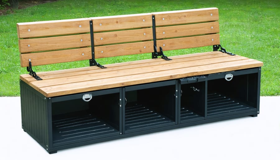 Weather-resistant storage bench with lifted seat revealing gardening tools and workspace supplies