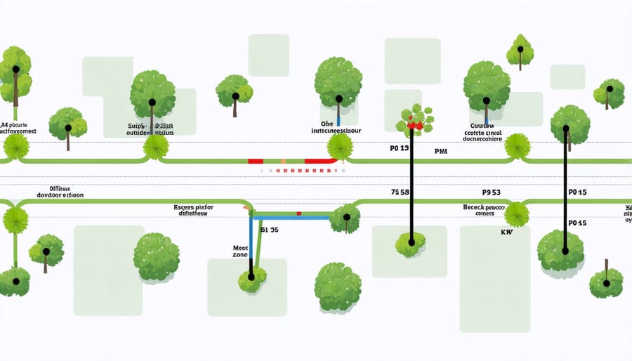 Illustrated diagram of outdoor space layout with arrows indicating movement patterns between zones