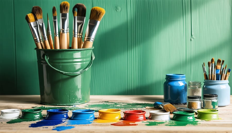 Painter demonstrating correct brush and roller techniques on wood shed wall