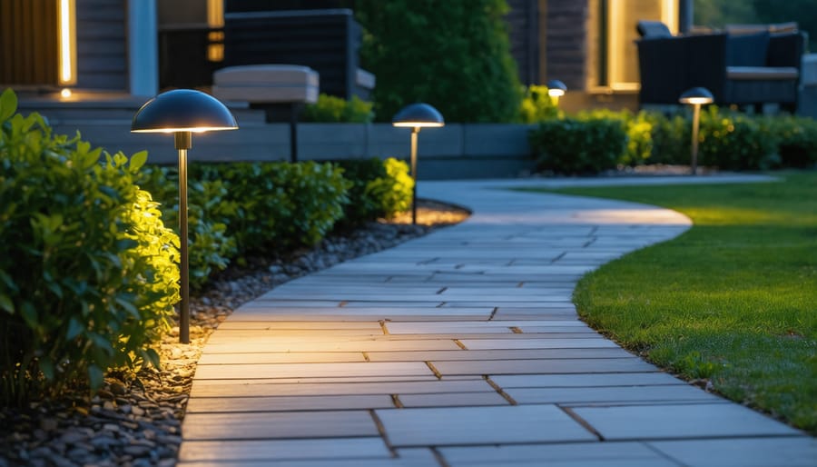 Electrician carefully installing low-voltage landscape lighting along a garden path