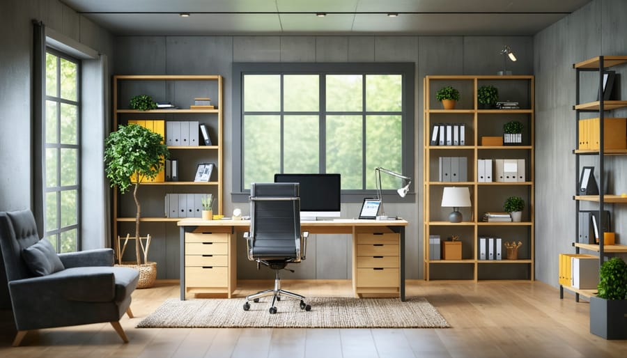 Professional-looking shed office interior with optimal lighting and modern decor