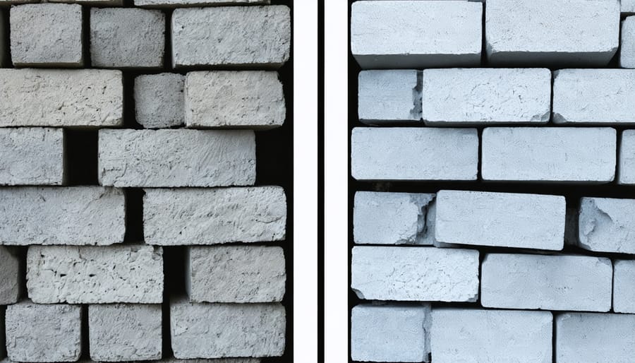 Side-by-side comparison of recycled and new concrete blocks for shed foundations