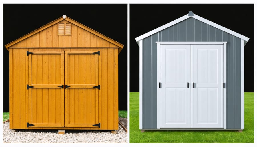 Comparison of new and aged resin storage sheds showing durability over time