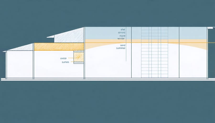 Technical illustration of air circulation patterns through roof vents, side vents, and foundation vents