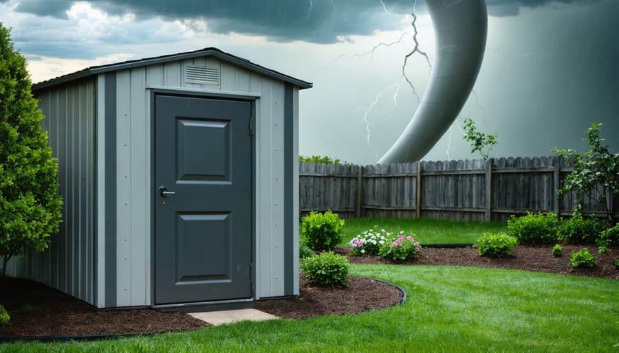 A 6x6 storm shelter integrated into a backyard shed, designed to withstand severe weather conditions, with threatening storm clouds in the background, illustrating its critical role in family safety during emergencies.