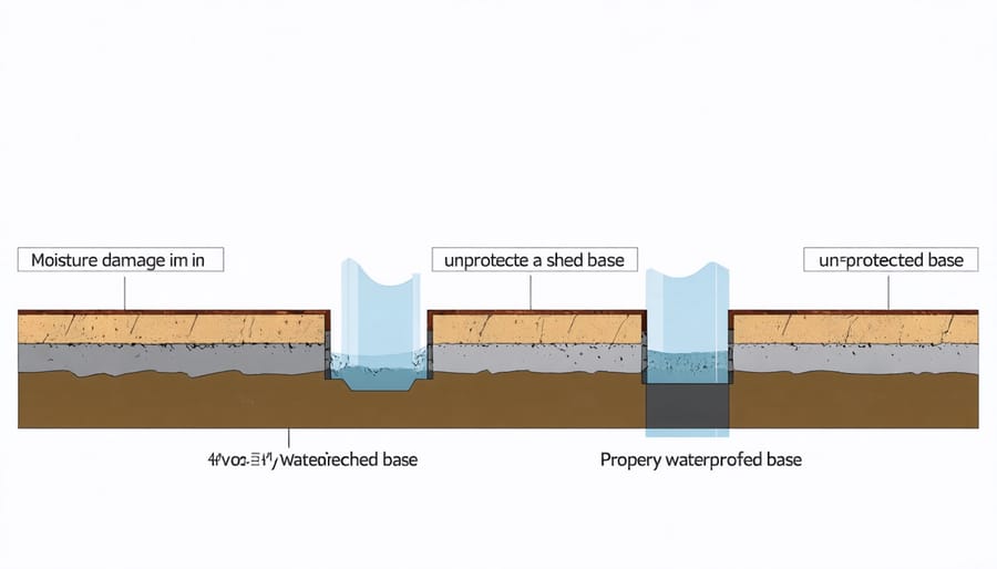 Side-by-side comparison diagram of waterproofed and non-waterproofed shed base structures