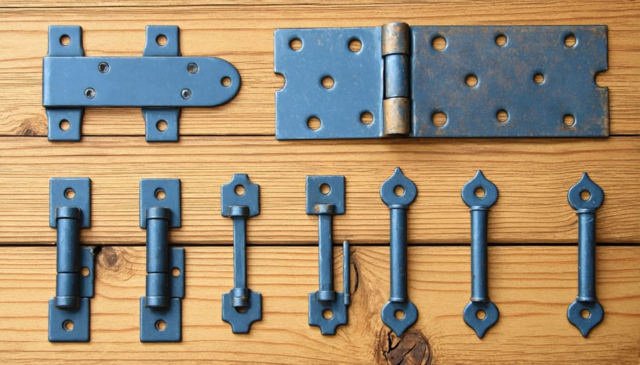 Various types of shed door hinges including T-hinges, strap hinges, and butt hinges