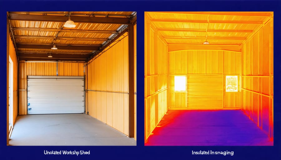 Split-screen thermal image comparing temperature differences between insulated and uninsulated workshop sheds