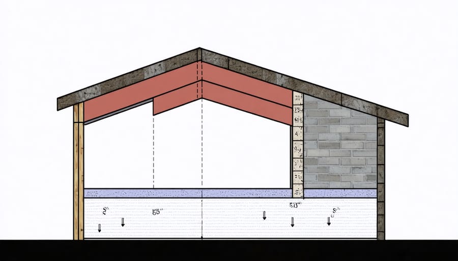 Technical illustration of insulation layers and materials in shed walls and roof