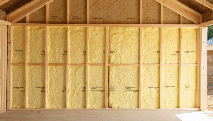 Detailed demonstration of installing insulation in a shed wall with vapor barrier and proper spacing