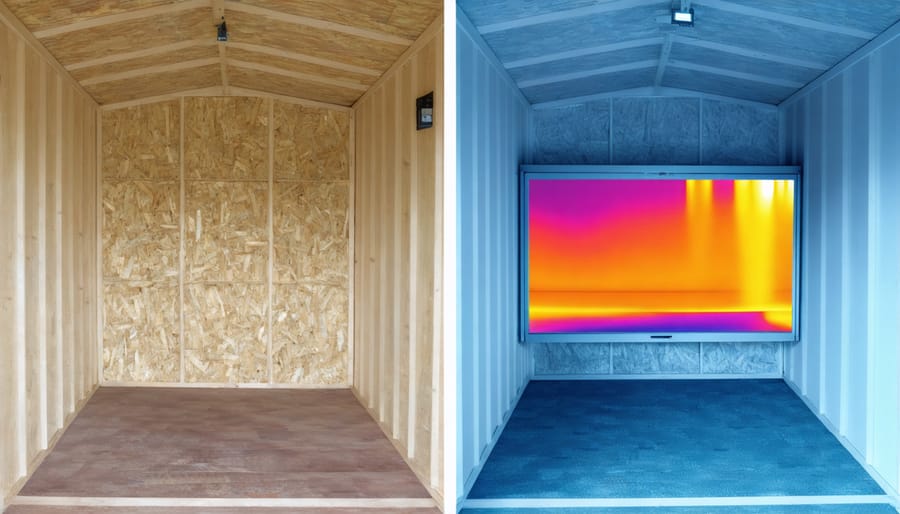 Side-by-side thermal imaging comparison of insulated and non-insulated shed showing temperature differences