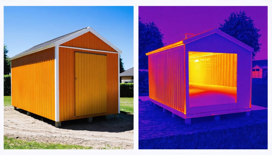 Side-by-side thermal image showing heat retention difference between insulated and non-insulated shed walls