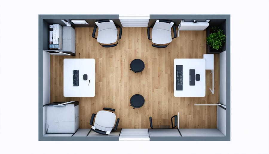 Bird's eye view diagram of an 8x8 shed office layout with furniture and zones clearly marked