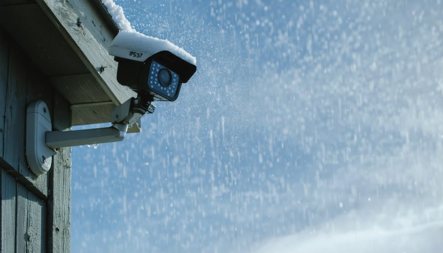 "Illustration of a weather-resistant security camera enduring sunny, rainy, and snowy conditions over a shed, highlighting its IP67 protection rating."