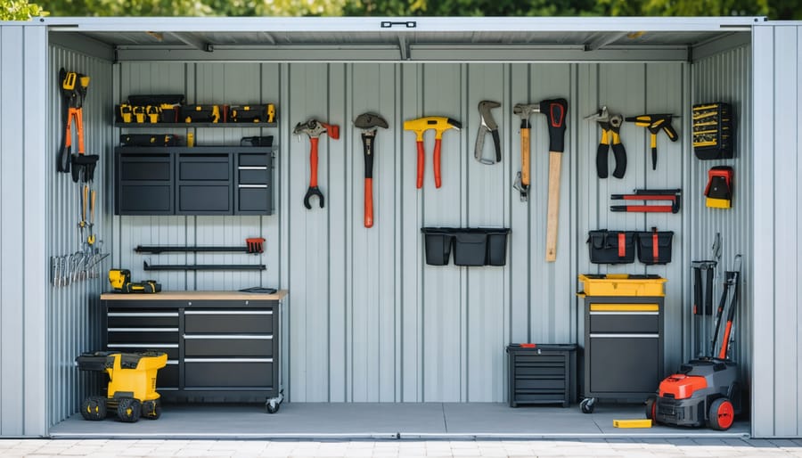 Well-organized interior of 3-sided shed showing efficient storage solutions