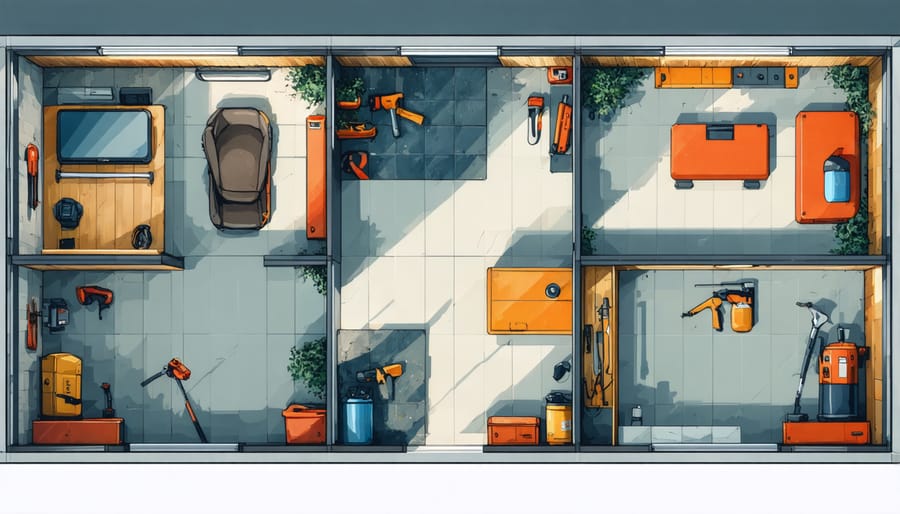 Bird's eye view of an organized shed with distinct work zones marked for gardening, tools, and projects