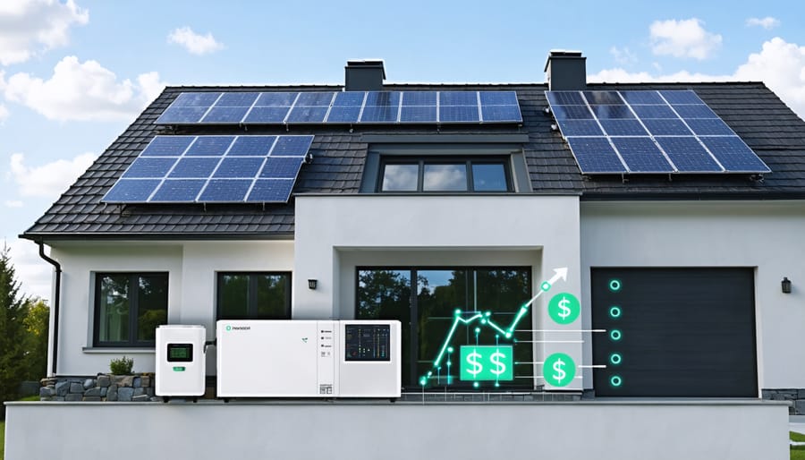 Visualization of a modern home equipped with solar panels and a smart home battery system signifying energy efficiency and cost savings.